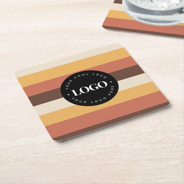 Custom Company Business Logo Retro Stripes 60s 70s Square Paper Coaster (Angled)