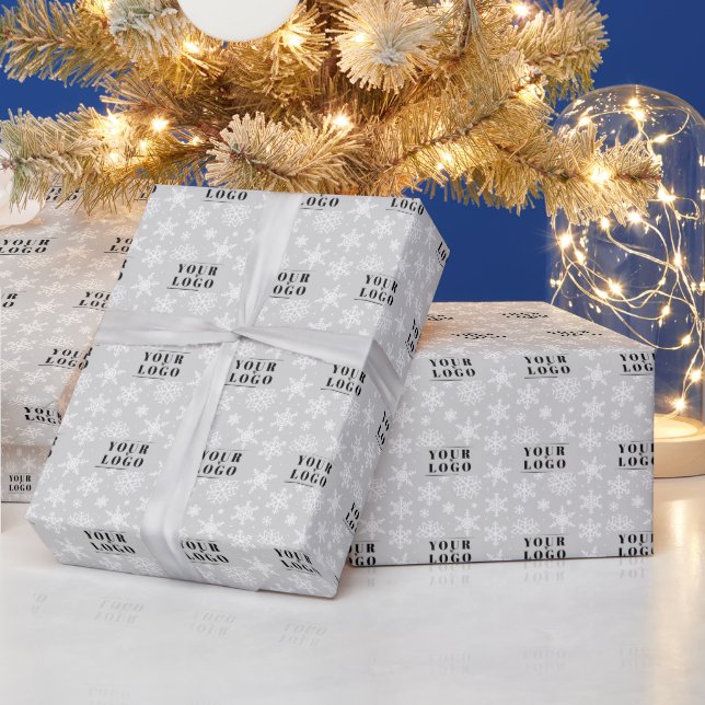 Custom Company Christmas SilverGrey Snowflake Logo Wrapping Paper (Holidays)