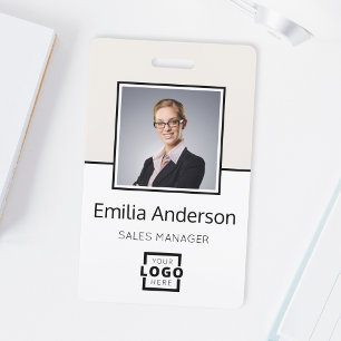 Custom Company Logo Bar Code Employee Photo Beige ID Badge
