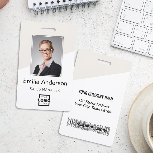 Custom Company Logo Bar Code Employee Photo Beige ID Badge (Creator Uploaded)