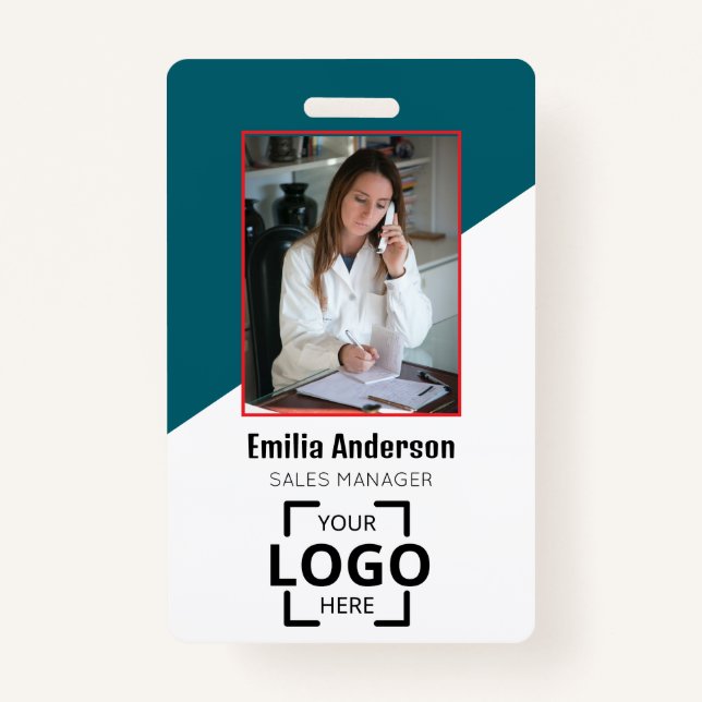 Custom Company Logo Bar Code Employee Photo Blue ID Badge (Front)