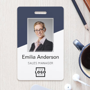 Custom Company Logo Bar Code Employee Photo Blue ID Badge