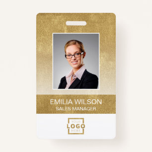 Custom Company Logo Bar Code Employee Photo Gold ID Badge