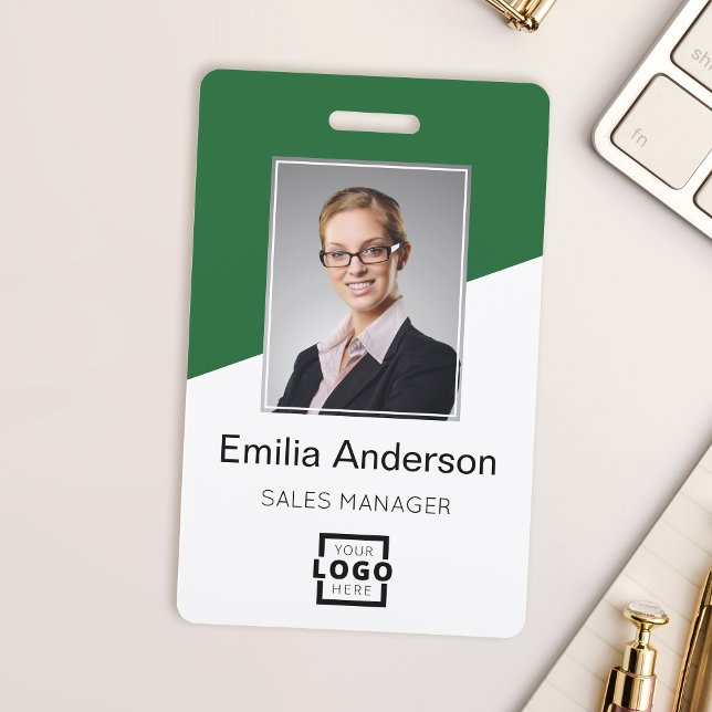 Custom Company Logo Bar Code Employee Photo Green ID Badge (Creator Uploaded)