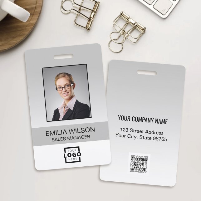 Custom Company Logo Bar Code Employee Photo Grey ID Badge (Creator Uploaded)