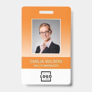 Custom Company Logo Bar Code Employee Photo Orange ID Badge