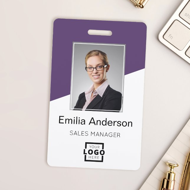 Custom Company Logo Bar Code Employee Photo Purple ID Badge (Creator Uploaded)