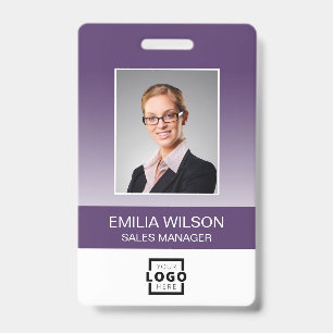 Custom Company Logo Bar Code Employee Photo Purple ID Badge