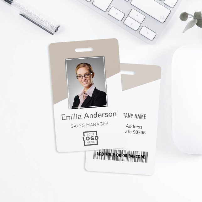Custom Company Logo Bar Code Employee Photo Taupe ID Badge (Creator Uploaded)