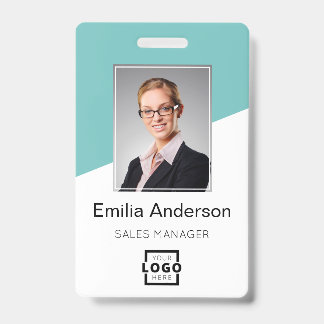 Custom Company Logo Bar Code Employee Photo Teal ID Badge