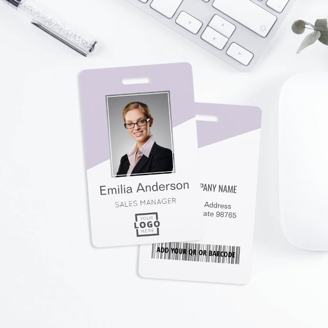 Custom Company Logo Bar Code Staff Photo Lavender ID Badge (Creator Uploaded)