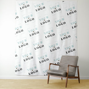 Custom Company Logo Diagonal Repeat White Backdrop Tapestry