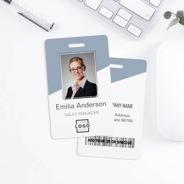 Custom Company Logo Employee Photo Dusty Blue ID Badge (Creator Uploaded)