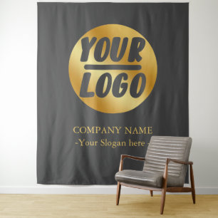 Custom Company Logo Gold Grey Backdrop For Events Tapestry