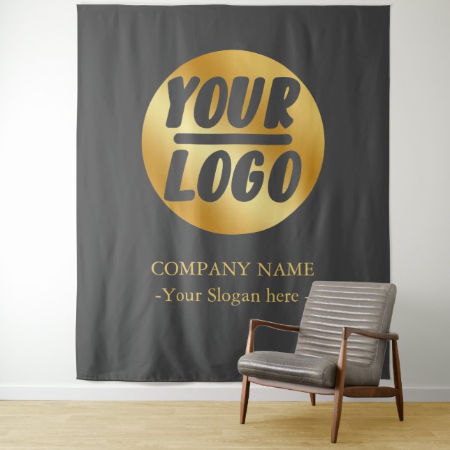 Custom Company Logo Gold Grey Backdrop For Events Tapestry (In Situ)