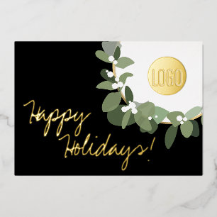 Custom Company Logo Modern Wreath Real Gold Foil Holiday Card