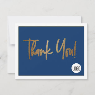 Custom Company Logo Social Faux Gold Blue Thank You Card