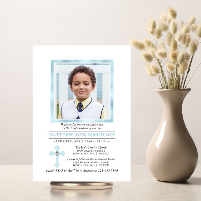 Custom CONFIRMATION Cross Blue Boy | PHOTO Invitation (Creator Uploaded)
