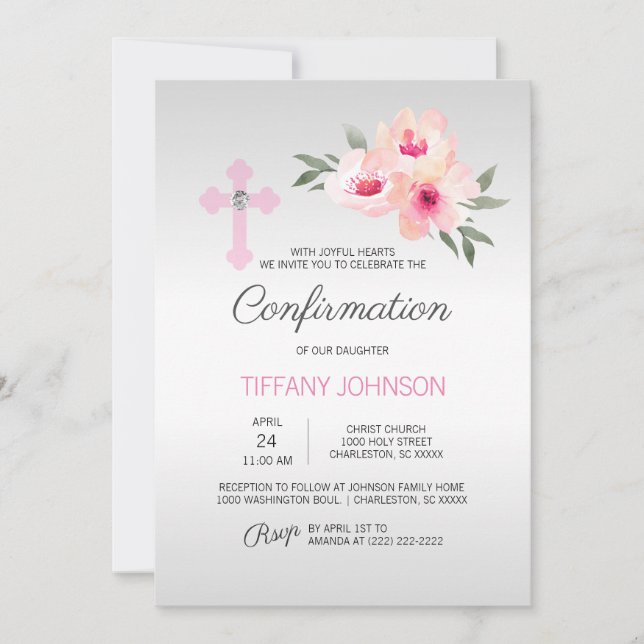 Custom CONFIRMATION Floral Pink Cross GIRL + POEM Invitation (Front)
