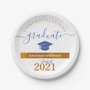 Custom Congrats Graduate Blue/Gold Party Paper Plate
