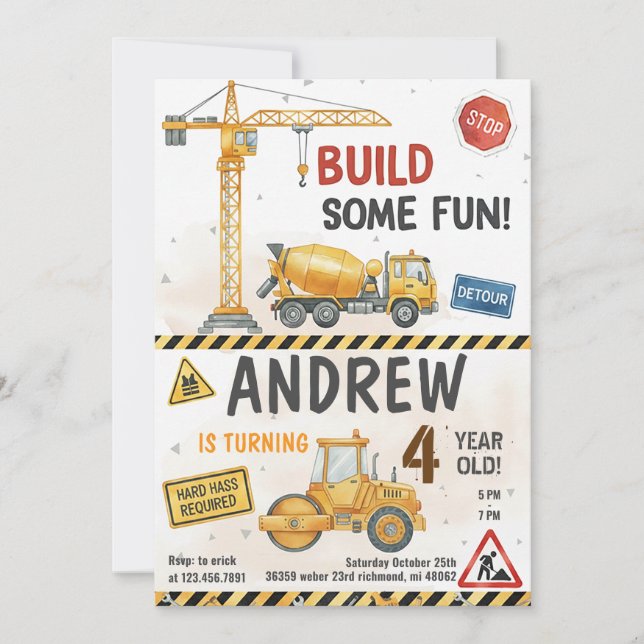 Custom Construction Birthday Invitations (Front)