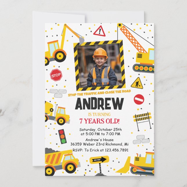 Custom Construction Birthday Party with Image Invitation (Front)