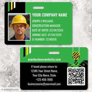 Custom Construction ID Work QR Code Green Black Badge
