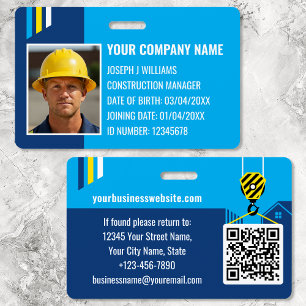 Custom Construction ID Work QR Code Navy Blue ID Badge