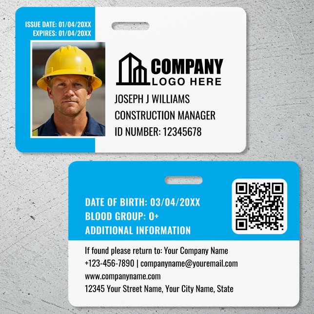 Custom Construction Site ID Logo QR Code Blue ID Badge (Creator Uploaded)