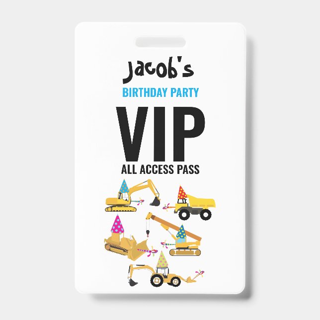 Custom Construction Trucks Birthday Party Pass  ID Badge (Front)