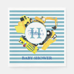 Custom Construction Trucks Blue Stripe Baby Shower Napkin