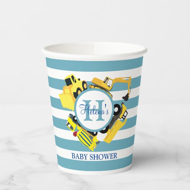 Custom Construction Trucks Blue Stripe Baby Shower Paper Cups (Left)