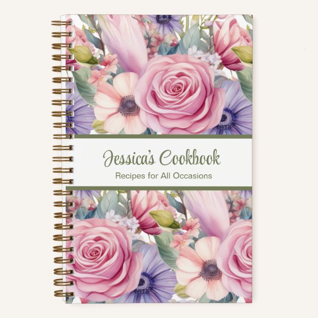 Custom Cookbook Pink Flowers Recipes Notebook (Front)