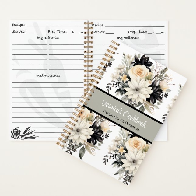 Custom Cookbook with B&W Flowers Notebook (Inside)