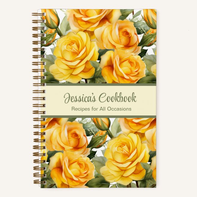 Custom Cookbook Yellow Roses Recipes Notebook (Front)