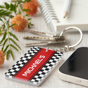 Custom Cool Black And White Checkered Flag Pattern Key Ring