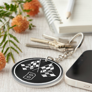 Custom Cool Black And White Checkered Flag Pattern Key Ring