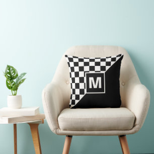 Custom Cool Black And White Chequered Flag Pattern Cushion