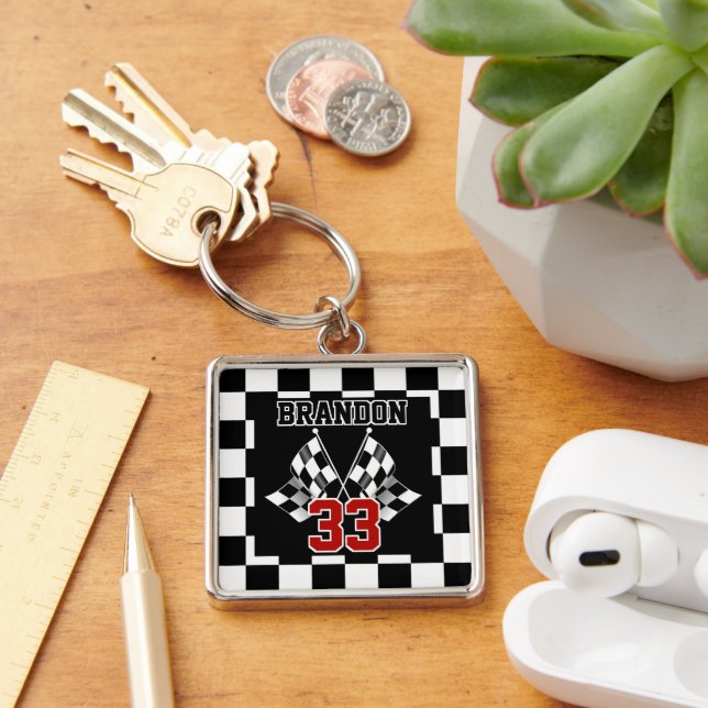 Custom Cool Black And White Chequered Flag Pattern Key Ring (Desk)