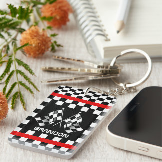 Custom Cool Black And White Chequered Flag Pattern Key Ring