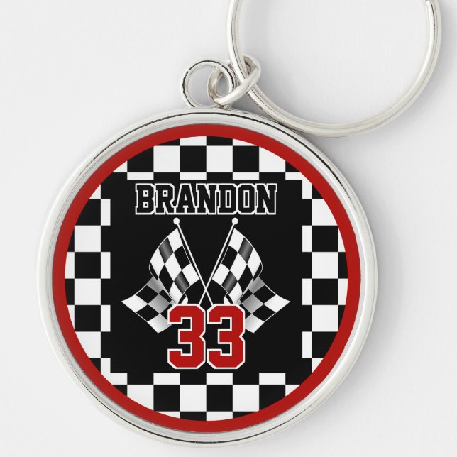 Custom Cool Black And White Chequered Flag Pattern Key Ring (Front)