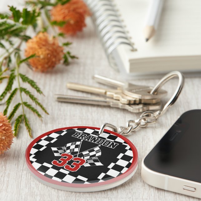 Custom Cool Black And White Chequered Flag Pattern Key Ring (Front Right)