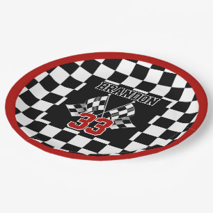 Custom Cool Black And White Chequered Flag Pattern Paper Plate