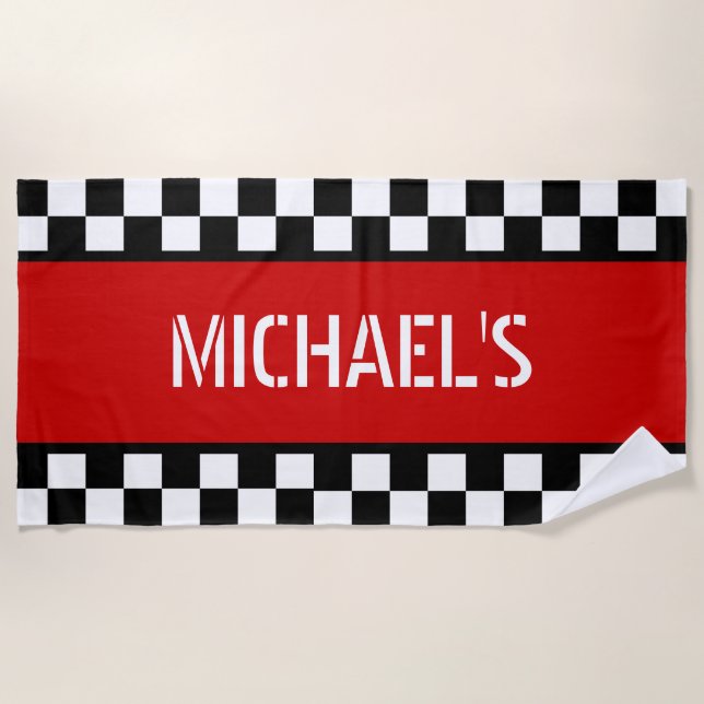 Custom Cool Black White Chequered Flag On Red Beach Towel (Front)