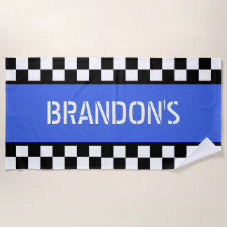 Custom Cool Black White Flag Pattern On Blue Beach Towel