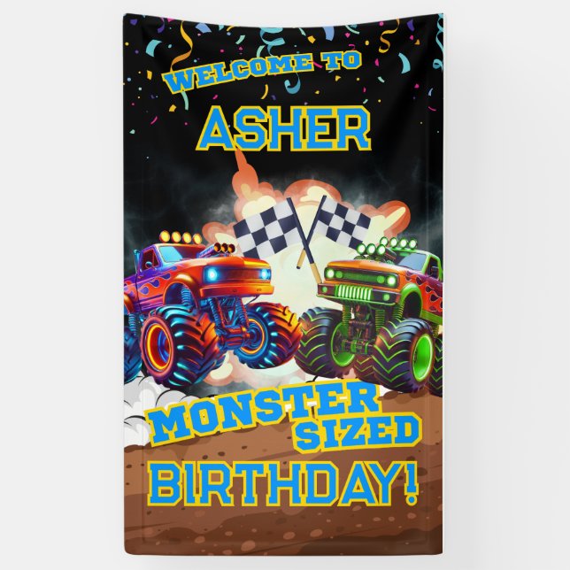 Custom Cool Monster Truck Boys Birthday Banner (Vertical)