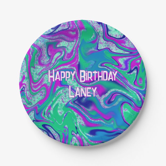 Custom Cool Teal Purple Groovy Birthday Party Paper Plate (Front)