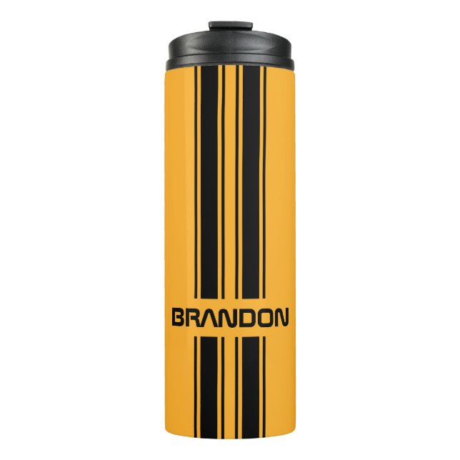 Custom Cool Yellow Black Auto Race Sport Stripe Thermal Tumbler (Front)