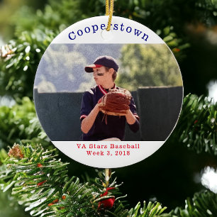 Custom Cooperstown Baseball Photo, Week & Year Ceramic Ornament