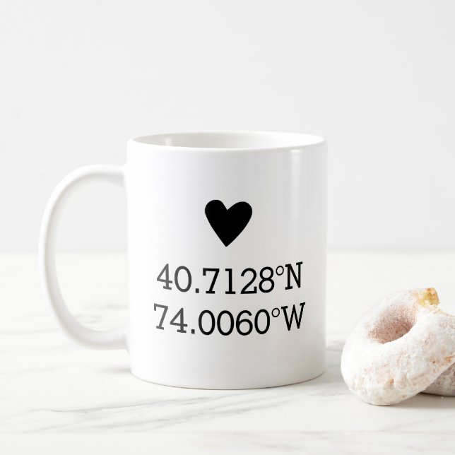 Custom Coordinates Anniversary Valentines Heart Coffee Mug (With Donut)